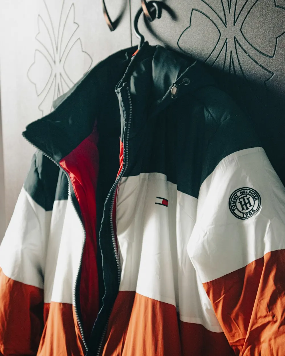 A colour-blocked vintage sports jacket
