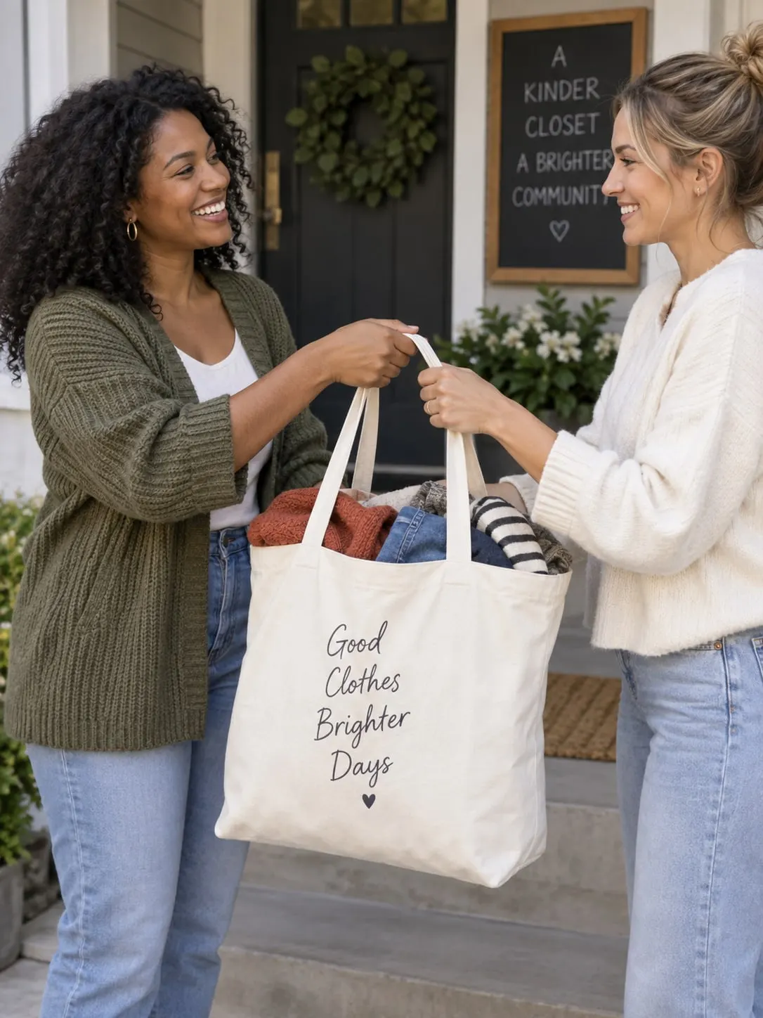 Two women smiling on a front porch as one hands the other a canvas tote full of sweaters and denim
