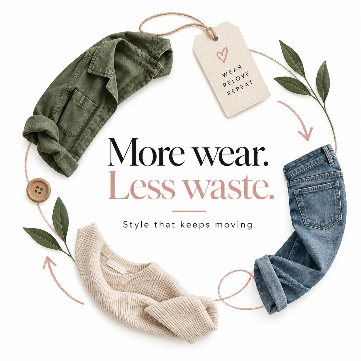 A circle of clothes — an olive jacket, blue jeans, and a cream knit — turning around the words “More wear. Less waste. Style that keeps moving.” A hang tag in the circle reads “wear, relove, repeat.”